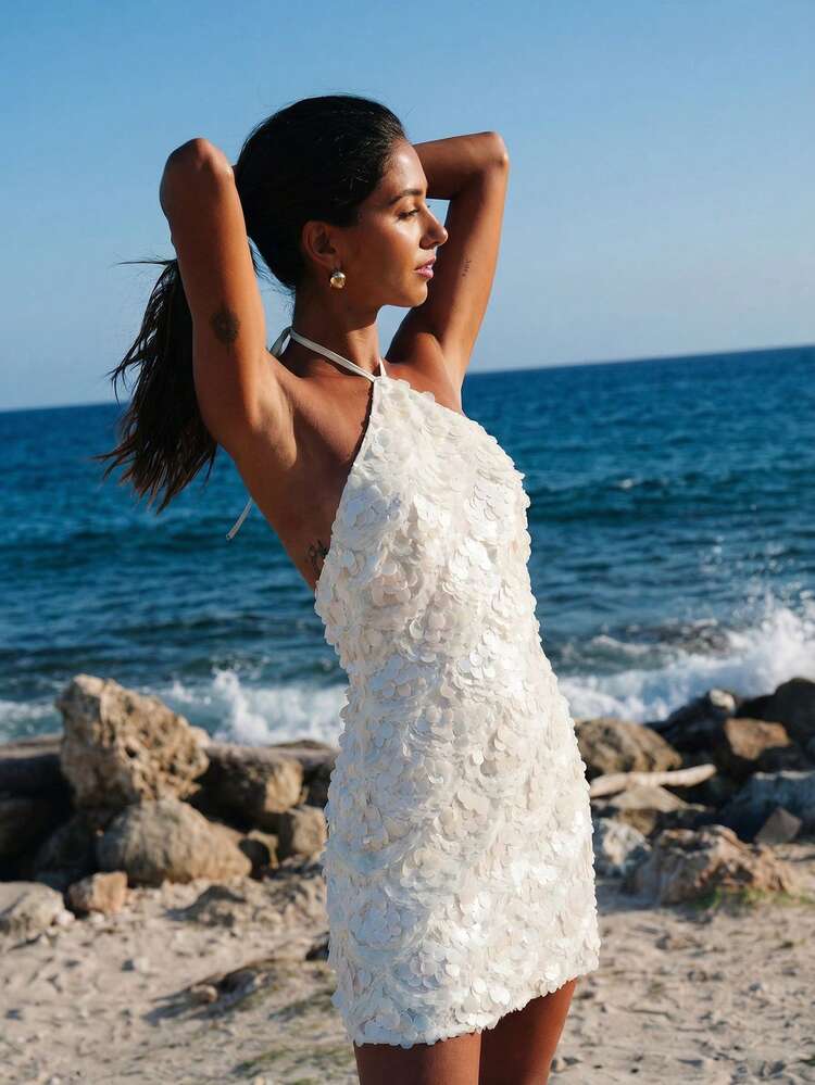 Nevyona Women's Holiday Casual Sequin Backless Spaghetti Strap Dress For Party Sparkly White Dress White Sequin Dress - Apricot - View 7