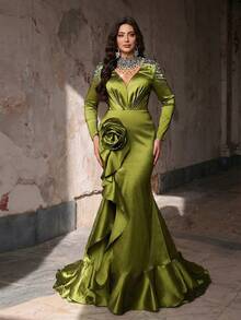 Aureia Plus Size Elegant Formal Evening Prom Dress,Olive Green Spring Sheer High Neck Rhinestone Embellished 3D Floral Mermaid Hem Train Formal Gown,Wedding - Green - View 4