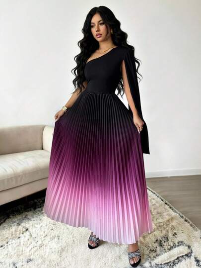 Elenzga 女士斜肩拼接雪纺系腰修身渐变色派对连衣裙，优雅浪漫迷人时尚褶皱黑色连衣裙，适合生日、约会等场合