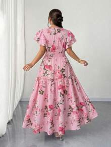 Elenzga 大码女装春夏新款印花连衣裙，短泡泡袖，深V领，收腰设计，褶皱长款连衣裙。适合浪漫假期、约会、旅行、都市漫步、音乐节和各种浪漫场合。 - 彩色 - 查看 2