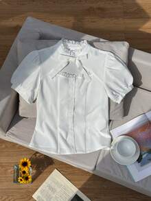 Teen Girls Delicate Style White Bowknot Hollow Out Blouse, Suitable For Campus, Commute, Party, Casual Daily Wear, Versatile Chic Top - White - View 5