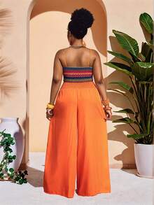 Slaydiva Pink,Summer,Boho,Vacation,Holiday Plus Size Women Colorblock Knit Pattern Camisole Top And Solid Wrap Around Pants Set Y2k Trousers Jumpsuit - Red - View 2