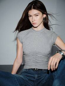 Lumivelle Women's Fashion Office Lady Commuter Ruched Front Slim Fit Long Sleeve T-Shirt, Spring/Autumn - Grey - View 3