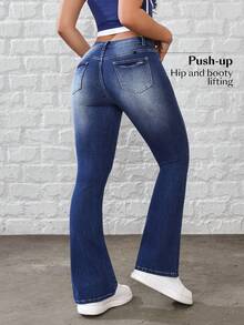 Flexra 女士休闲百搭喇叭牛仔裤，带口袋 - 粉色 - 查看 2