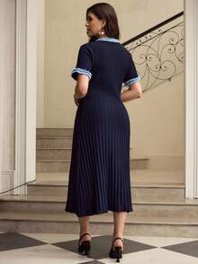 ZEYLAH Ribbon Trim Short Sleeve Waist Cinched Long Knit Sweater Dress - Navy Blue - View 3