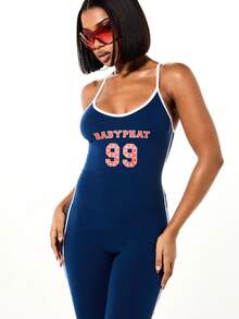BABYPHAT Logo Halter Navy Unitard With White Contrast Piping And Front Graphic Print For Casual Everyday Wear Women's 4th Of July Women S Red White And Blue 4th Of July Women Tank Usa Tank Top Women 4th Of July Crop - Navy Blue - View 6