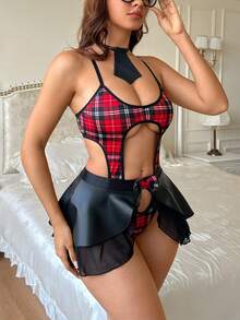 3pcs/Set Sexy Plaid Jumpsuit For Female Students - Multicolor - View 6