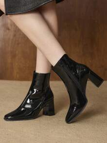 MOTF PREMIUM WOMEN PU LEATHER HEELED SQUARE TOE ANKLE BOOTIES VALENTINE'S DAY - Black - View 1