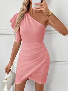 Miaspire Women's Elegant Solid Color Wrap Around Sleeveless Mini Dress, Summer Vacation Outfit For Women Spring Sunmmer One Shoulder Dress One Sleeve Dress - Dusty Pink - View 5