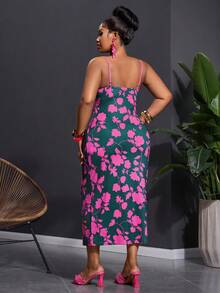 Veslaya 春夏新款优雅派对/约会/聚会/嘉年华/生日派对/婚礼/毕业季/舞会/音乐节/闺蜜之夜/约会之夜连衣裙，浪漫性感修身，吊带低领，蕾丝拼接，印花针织弹力面料，女士加大码中长连衣裙 - B，夏季连衣裙 - 彩色 - 查看 3