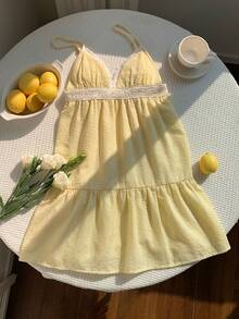 Comfortcana Women's Woven Contrast Lace Sexy Spaghetti Strap Dress