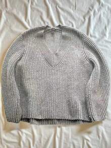 Lalippa Áo len dệt kim dáng rộng cổ chữ V trơn màu đơn giản dành cho nữ, Thu/Đông - Màu Xám nhạt - Xem 3