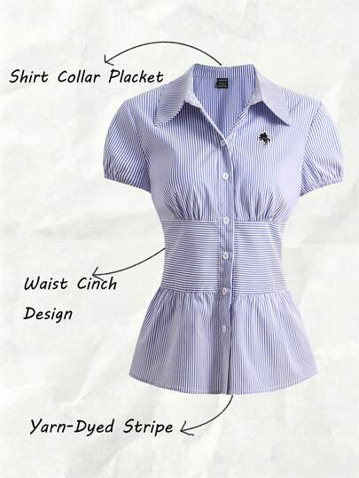 Franclia Women's Striped Lapel Single-Breasted Embroidered Graphic Short Sleeve Shirt, Fashionable For Commuting And Outings