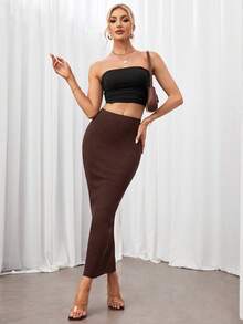 SHEIN Tall 优雅纯色修身半身裙，适合通勤穿着。 - 棕色 - 查看 5