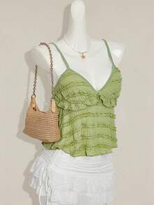 Sweetina 纯色荷叶边休闲吊带背心，提花面料 - 綠色 - 查看 6