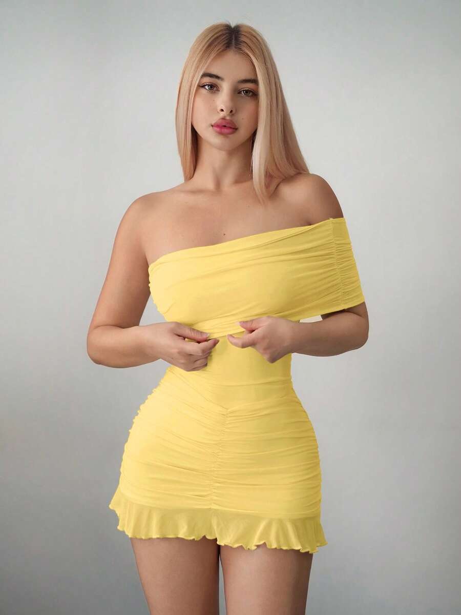 Sweetina Fitted Asymmetric Mesh Off Shoulder Mini Dress - Yellow - View 1