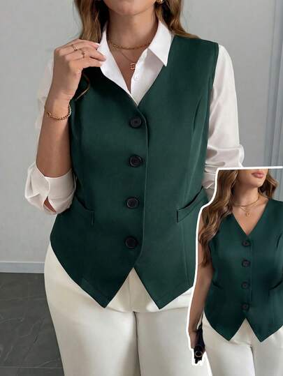 Elenzga Plus Size Women's Single-Breasted Sleeveless Vest, Elegant Black Waist Cinched Blazer Vest, Stylish For Work, Party, Casual Business Wear Brown Blazer Women Women Vest Plaid Plaid Print Front Button Closure Elegant Long Sleeve Blazer Plaid Blazerblazer Oversize Fall Cloth For Women Work Wear Women Business Professional Women Work Outfits For Women Office Wear Women