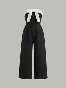 SHEIN Young Girl Solid Color Fitted Casual Jumpsuit - Black - View 2