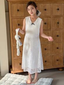 DAZY Tween Girls V-Neck Lace Nightgown Loungewear Summer - White - View 2