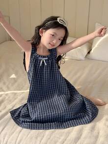 DAZY Young Girl Plaid Dress With Bow Decor And Flutter Sleeves, Loungewear - Navy Blue - View 7