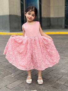 DAZY 年轻女孩 3D 花卉装饰简约无袖优雅连衣裙，女孩夏季服装 - 粉色 - 查看 2