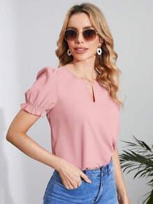 SHEIN Clasi Atasan Polos Kasual Wanita Warna Merah Muda Coral dengan Leher Berlubang dan Lengan Pendek Berkerut - Coral Pink - View 4