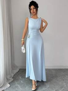 Elenzga Elegant Asymmetrical Hem Waist Cinched Sleeveless Crew Neck Stretchy Knit Bodycon Dress, Metallic Accent, French Chic, Vacation Sexy, Minimalist, Spring/Summer Elegant Long Dress Light Blue Long Dress Sleeveless Long Dress Sky Blue Formal Dress Sleek Long Dress - Blue - View 4
