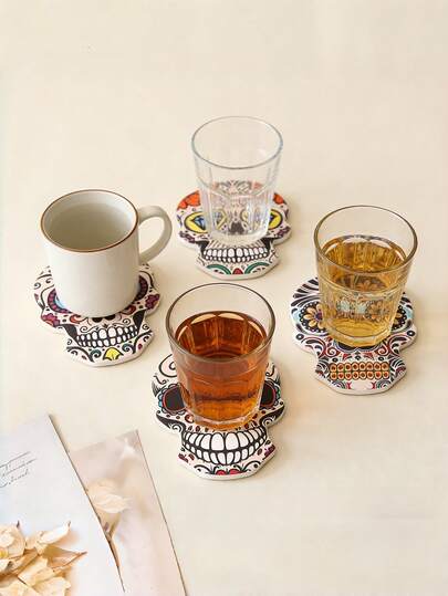 Zazumi 1 件套骷髅头造型陶瓷杯垫，快速吸热，耐热，适用于咖啡杯、家居酒吧装饰，哥特风格餐具，成人礼品，现正流行