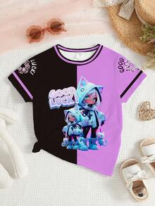 Young Girls' Casual Stylish Creative Personalized Refreshing Cute Simple Cartoon Kitten, Line, Floral, Black & Purple Graphic Print Basic Short T-Shirt, Comfortable Daily Wear, Cozy Summer & Fall Styles Suitable For Spring, Summer, Autumn Young Girls Shirt Anime Shirt For Kids Lilo And Stitch Clothes Kids - Multicolor - View 4