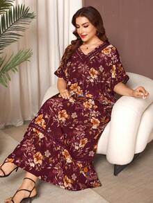 Al Najma 休闲舒适印花蝙蝠袖大码阿拉伯风格女式连衣裙，适合春夏各种场合穿着 - 酒紅色 - 查看 5