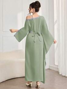 Al Najma Đầm nữ thanh lịch phối ren và ruy băng kiểu Ả Rập, thích hợp cho mùa thu. - màu xanh lá - View 2