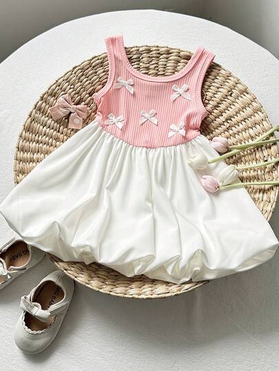 Playful Pals Baby Girls' Princess Round Neck Sleeveless Dress With Multiple 3D Bow Decor And Lantern Hem, Summer