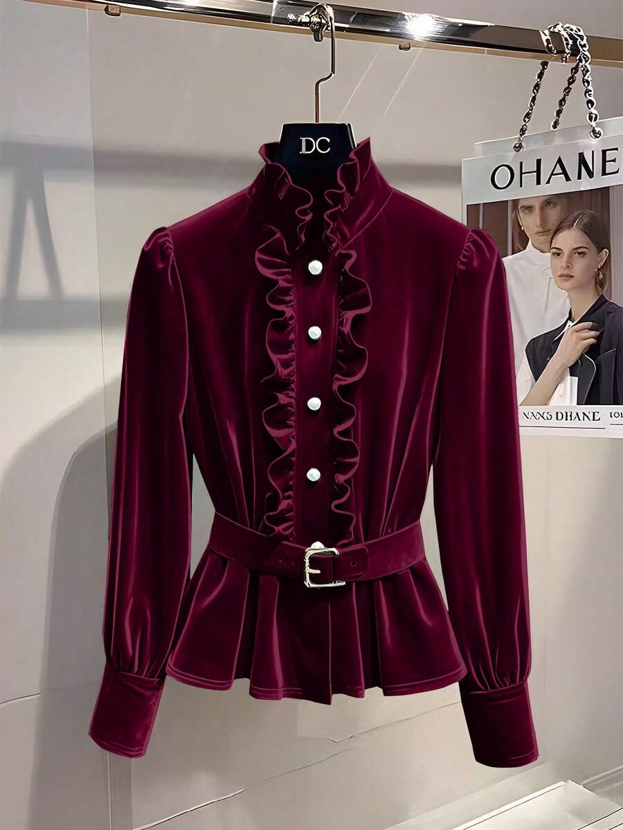 GlowEve Women's Velvet Ruffle Collar Daily Commute Fashion French Street Retro Versatile Holiday Business Light Blue Long Sleeve Shirt, Autumn/Winter - Burgundy - View 1