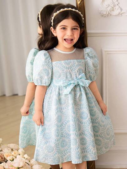 SHEIN Glamorique Kids Floral Textured Mesh Puff Sleeve Baby Girl Party Dress, Blue & White