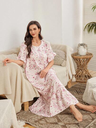 SHEIN Floral Print Ruffle Hem Puff Sleeve Women Nightgown