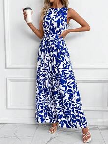 SHEIN Clasi 女士优雅露背连体裤，宽松版型，撞色印花 - 藍色 - 查看 7