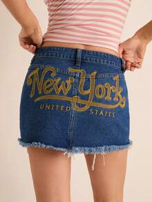 Easelle Chân váy ngắn denim nữ thời trang thường ngày, phong cách đường phố sành điệu, thêu chữ, gấu rách, thích hợp cho mùa hè. - Màu xanh lam - Xem 4