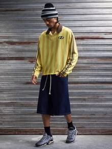 AXEPEAK Men's Casual Colorblock Striped Long Sleeve Polo Shirt, Autumn - Yellow - View 3