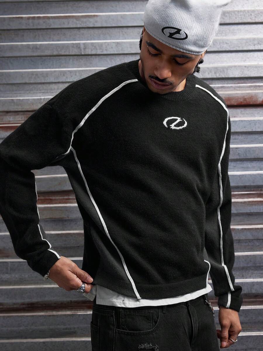 AXEPEAK Men's Casual Colorblock Patchwork Knit Sweater, Autumn/Winter - Black - View 1