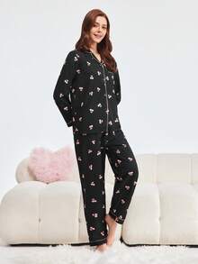 Bonmuse 2件套春秋季水果樱桃印花口袋舒适撞色滚边长袖上衣和裤子睡衣套装，休闲睡衣，冬季服装