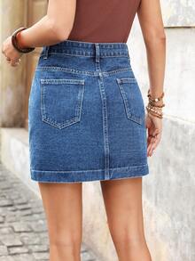 EMERY ROSE Women's Casual Daily Commute Versatile Button Fly Patchwork Slant Pocket Denim Mini Skirt, Summer - Dark Wash - View 2
