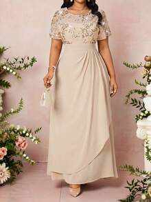 Fleurora Đầm dài đính sequin thêu tinh tế dành cho nữ cỡ lớn, thích hợp cho các buổi tiệc và liên hoan. - Màu Khaki - Xem 8