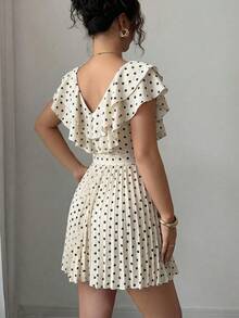 Elenzga 荷叶边V领腰部褶裥A字波点印花度假优雅浪漫女装 - 彩色 - 查看 2