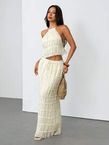 SHEIN PETITE Hàng mới về: Bộ đồ đi nghỉ mát phong cách Bohemian mùa hè dành cho nữ, bộ hai mảnh để mặc hàng ngày, khoe eo. - trắng - Xem 7