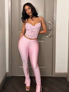 Slaydiva New Elegant Sexy Party Birthday Valentine's Night Club Cocktail Vacation Lace Cup Waist Cincher Camisole Top And Flared Slit Tight Pants 2 Pieces Set - Pink 2 Piece Pants Set Pink Matching Set Pink Birthday Outfit Women Pink 2 Piece Set - Pink - View 2