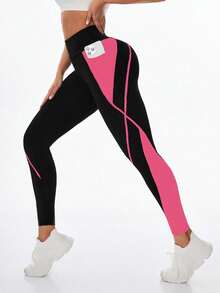 Exploreva Leggings sin costuras de cintura alta con patchwork de colores contrastantes - Rosa coral - Ver 7