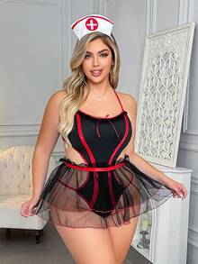 Spicy Aura Plus Size Women Sexy Nurse Cosplay Lingerie Set, 3pcs - Black - View 5