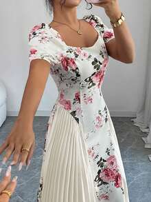 Elenzga Robe mi-longue élégante pour femmes, style français léger pour les vacances, les voyages, et les sorties. Design contrasté Top de gamme avec motif floral rose. Idéale pour la Saint-Valentin et les rendez-vous. Avec manches bouffantes et col carré plissé. - Multicolore - Voir 7