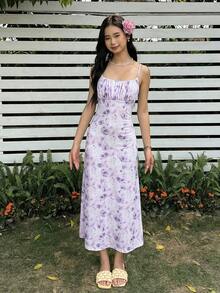 SHEIN 青少年女孩修身休闲碎花无袖连衣裙，舒适简约 - 紫色 - 查看 4