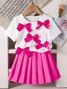 2Pcs/Set Young Girl Y2K Style Cute Bowknot Crew Neck Short Sleeve Crop Top + Solid Color Mini Pleated Skirt Set - Pink - View 1